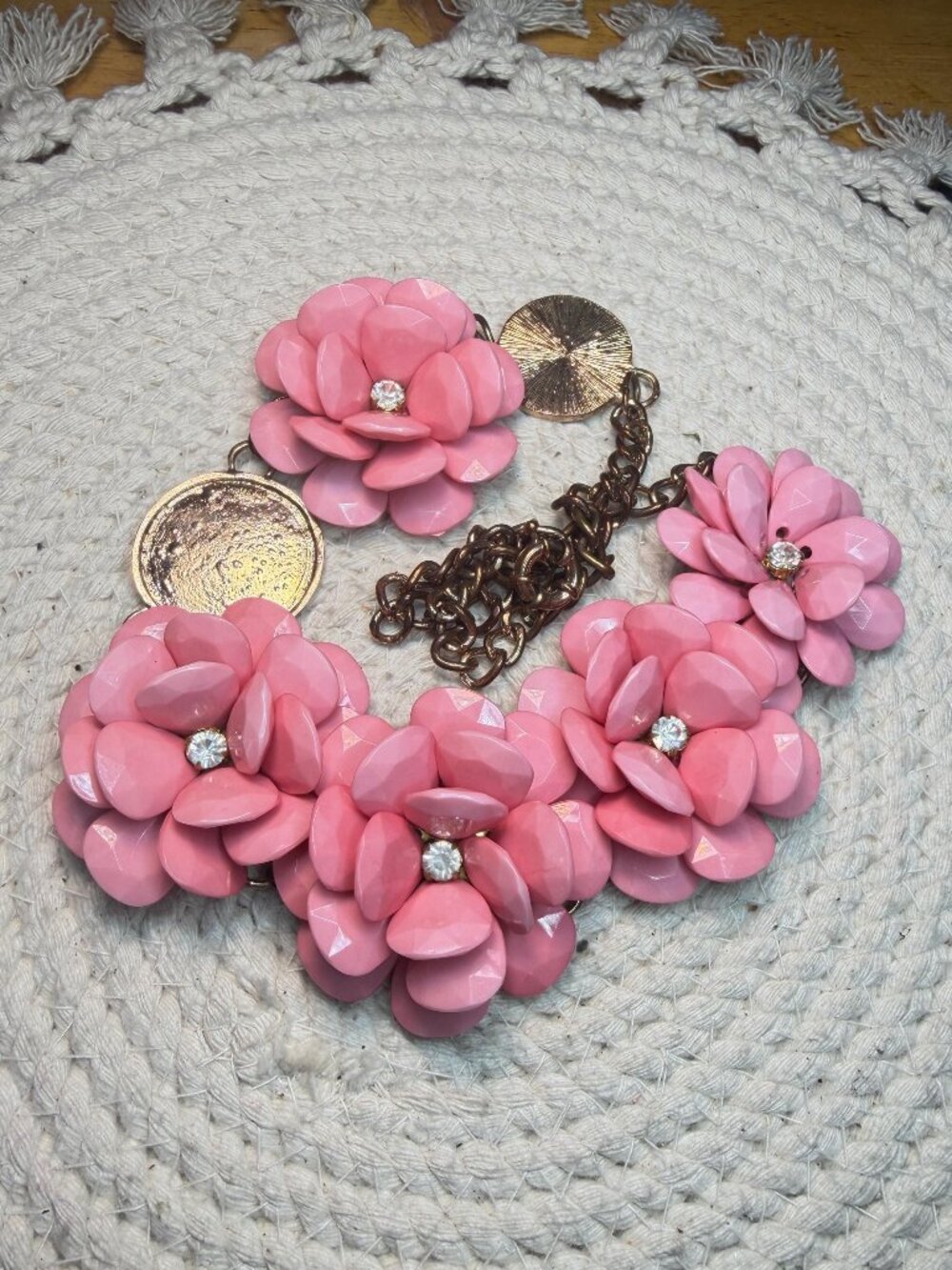 Flower Necklace Pink 3D  | Rhinestone Center Floral Jewelry Harvest Upcycle Broo